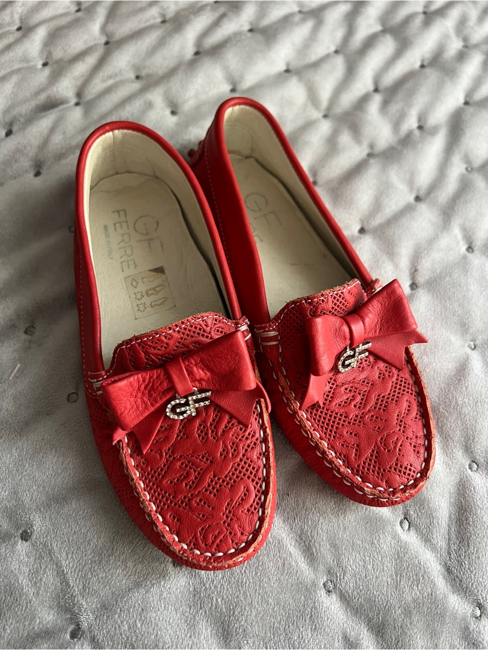 GF FERRE Kids Red Bow leather Moccasin Loafers made in Italy